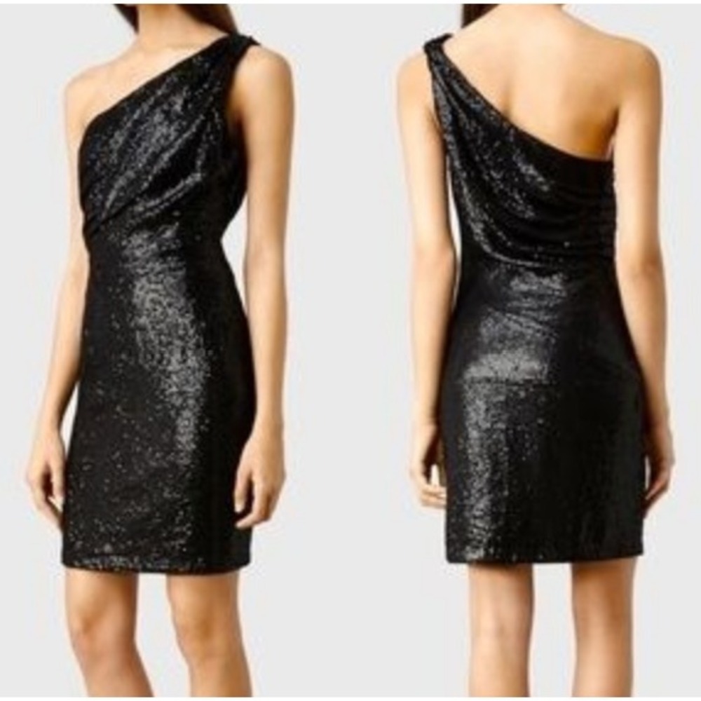 AllSaints Cassis Sequin One Shoulder Dress Black 2US Cocktail Party Holiday Glam